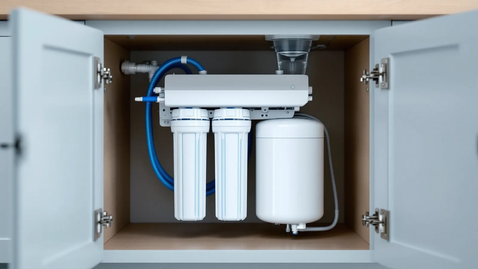 White under-sink reverse osmosis system with three filter cartridges and a storage tank installed inside a kitchen cabinet