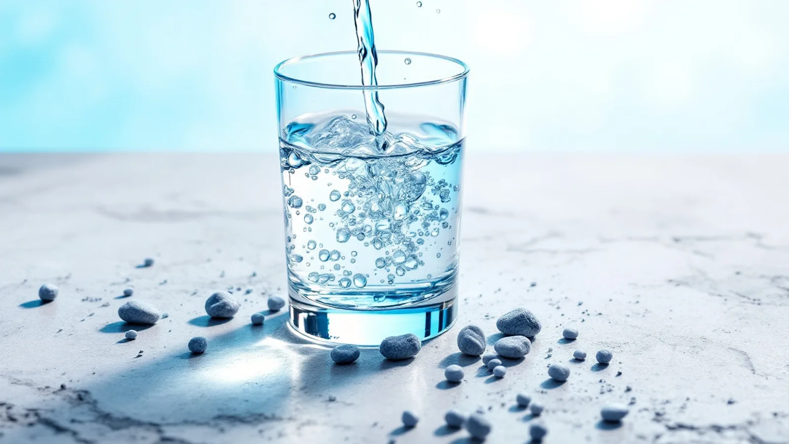 Water pouring into a clear drinking glass on a pale stone countertop, with small mineral pebbles scattered around the base