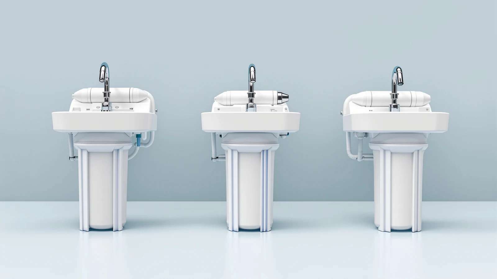 Three similar white under-sink reverse osmosis systems with chrome faucets lined up side by side, representing Waterdrop, iSpring and APEC