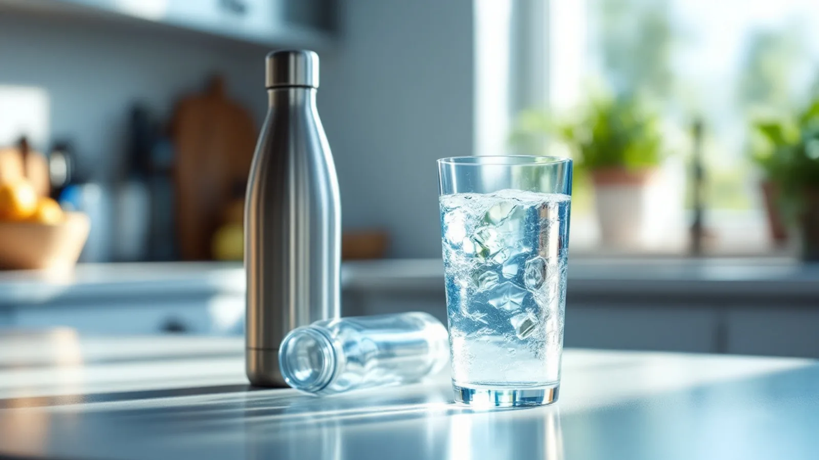 A glass of clear filtered water on a kitchen counter beside a dedicated reverse osmosis faucet at the sink